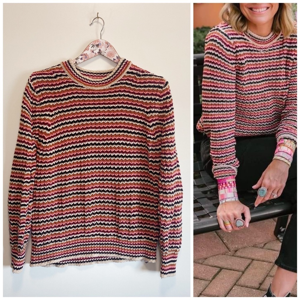 JOHN + JENN Striped Knit Pullover Sweater! M Medium Black Tan Pink